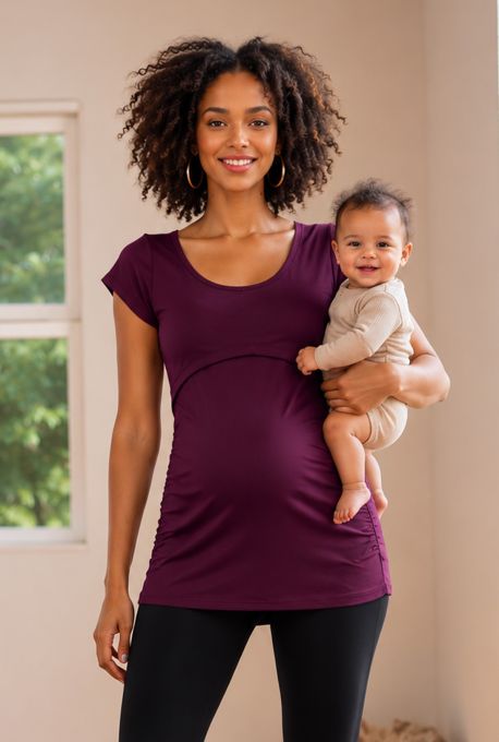 102 BASIC Umstands-und Stillshirt seitlich gerafft mit Schmetterlingsärmeln (aubergine)