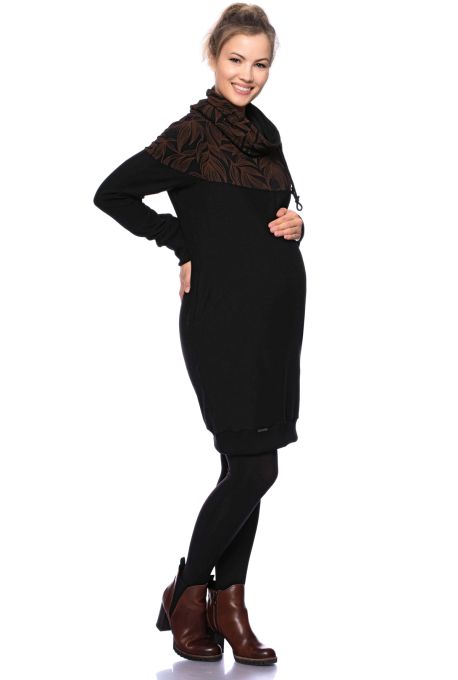 HANIA gemütliches Sweat Umstands- und Stillkleid (schwarz/braune Ranken)