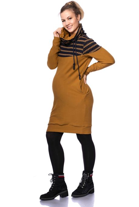 HANIA gemütliches Sweat Umstands- und Stillkleid (senf/marine Zickzack)