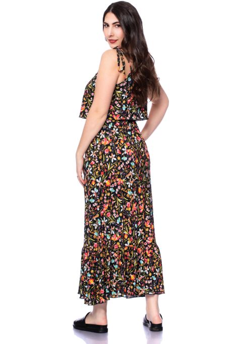 MONIKA Maxi Umstands- und Stillkleid mit Volant (Blumenparadies auf schwarz)