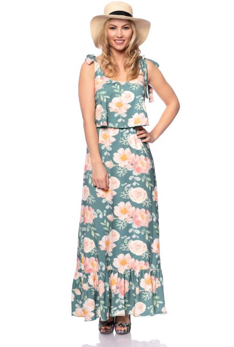 MONIKA Maxi Umstands- und Stillkleid (Romantic Roses Peonies graugrün)