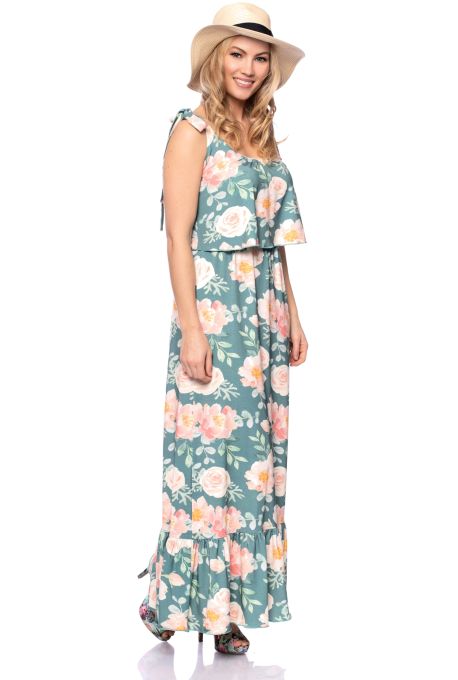 MONIKA Maxi Umstands- und Stillkleid (Romantic Roses Peonies graugrün)