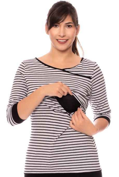 MARLENA 3/4 Arm Umstands- & Stillshirt grau/schwarz aus Bio Baumwolle