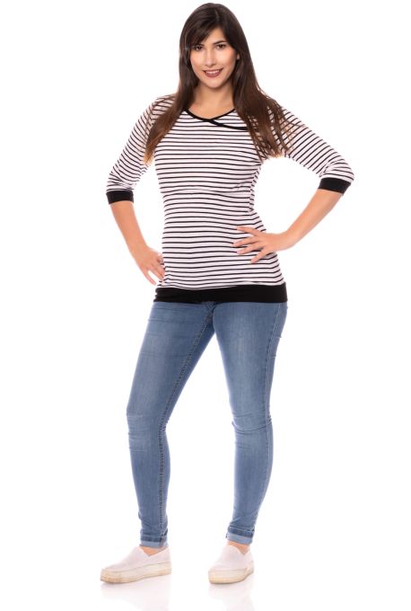 MARLENA 3/4 Arm Umstands- und Stillshirt (weiß mit dünnen schwarzen Streifen)