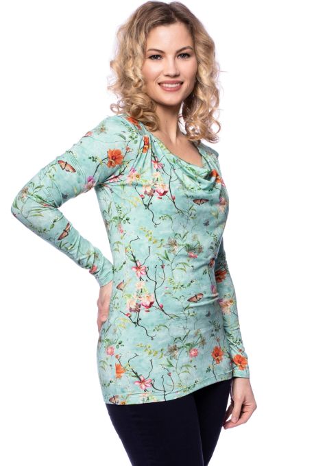 Preview: FELINA Langarm Umstands-& Stillshirt mit Wasserfallausschnitt aus Bambus-Viskose in (Frühlingserwachen auf mint)