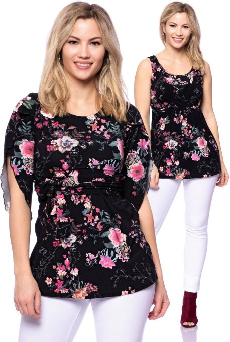 2 tlg. VARIO-SET (LUNA & NANA) Umstands- und Stillshirt mit Croptop (Vintage Rose auf schwarz)