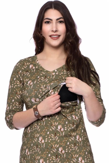ELLY Umstands- und Stillshirt 3/4 Arm aus Bio Baumwolle (Blümchenprint auf oliv)