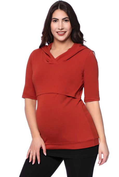 110 BASIC kurzarm Umstands- und Stillshirt mit Kapuze aus Bio Baumwolle (terra)