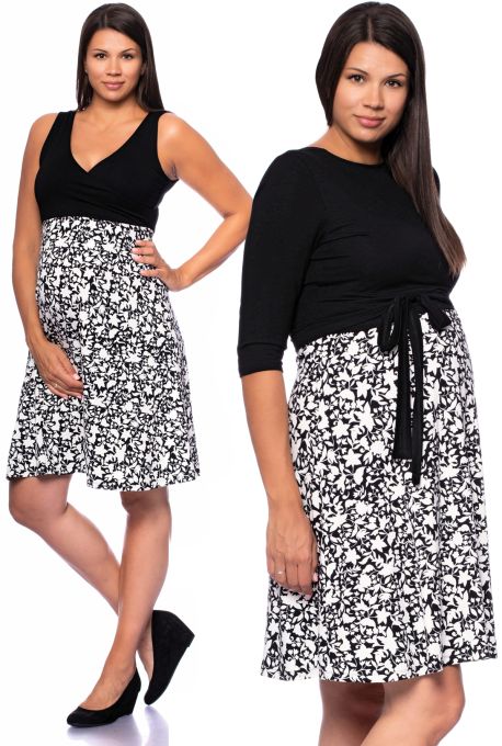 KAJA 2tlg. Vario Langarm Umstands- und Stillkleid (schwarz/ Floral schwarz-weiss)