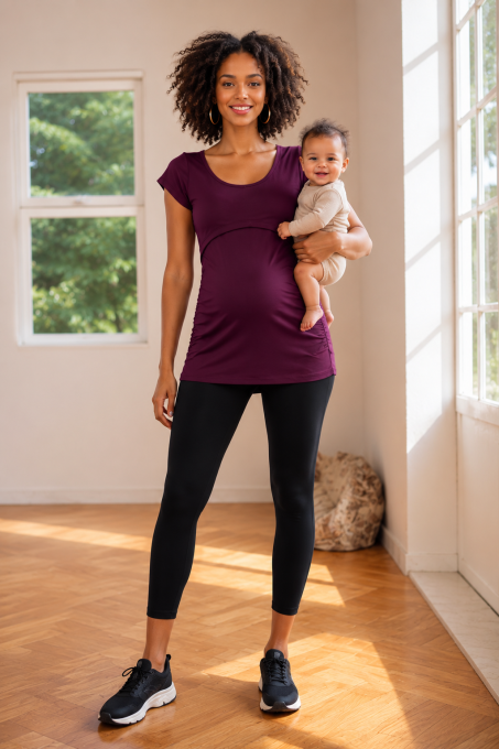 Preview: 102 BASIC Umstands-und Stillshirt seitlich gerafft mit Schmetterlingsärmeln (aubergine)