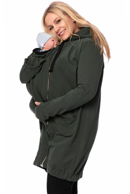 JASPER 3 in 1 Long Tragejacke / Sweatjacke aus kuscheliger Bio-Baumwolle (oliv) -  100 % made in Germany