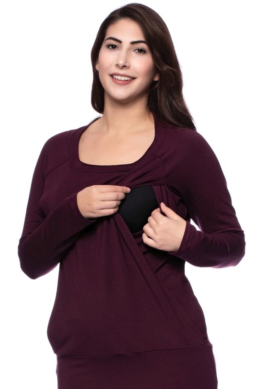 SIMPLE Long Umstands- und Stillpullover (aubergine)