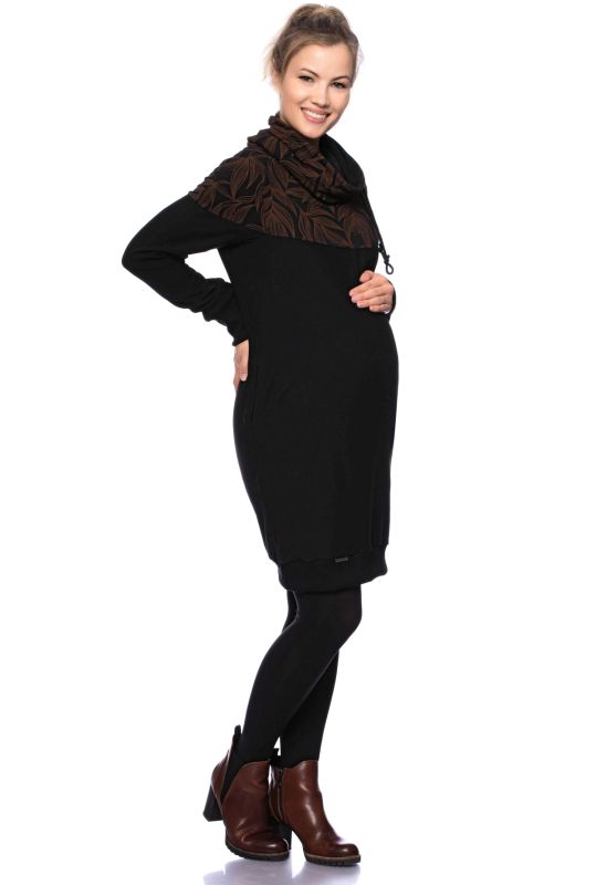 HANIA gemütliches Sweat Umstands- und Stillkleid (schwarz/braune Ranken)