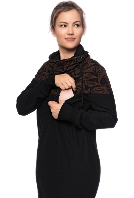 HANIA gemütliches Sweat Umstands- und Stillkleid (schwarz/braune Ranken)