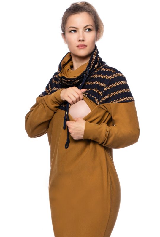 HANIA gemütliches Sweat Umstands- und Stillkleid (senf/marine Zickzack)