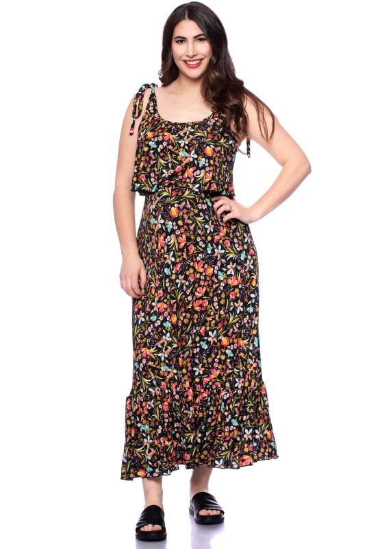 MONIKA Maxi Umstands- und Stillkleid mit Volant (Blumenparadies auf schwarz)