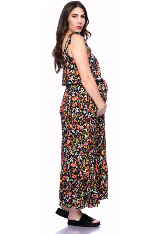 MONIKA Maxi Umstands- und Stillkleid mit Volant (Blumenparadies auf schwarz)