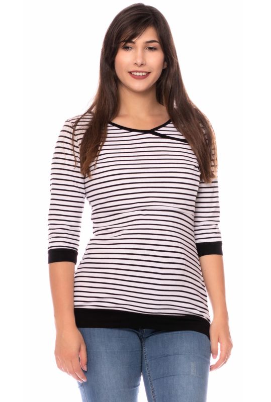 MARLENA 3/4 Arm Umstands- und Stillshirt (weiß mit dünnen schwarzen Streifen)