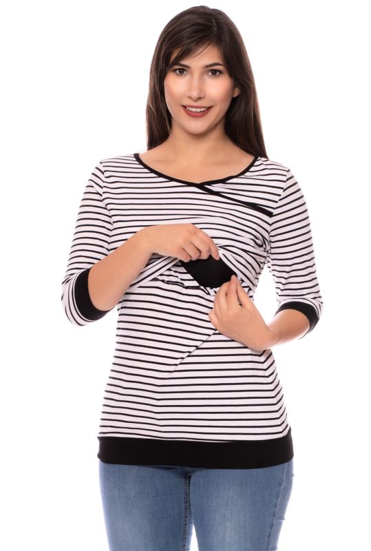 MARLENA 3/4 Arm Umstands- und Stillshirt (weiß mit dünnen schwarzen Streifen)