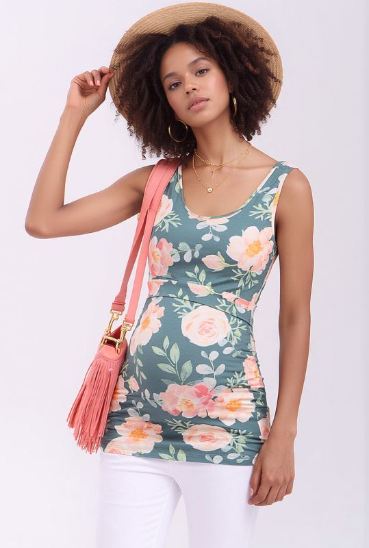 MAIKO maternity and nursing top (Romantic Roses and Peonies gray green)